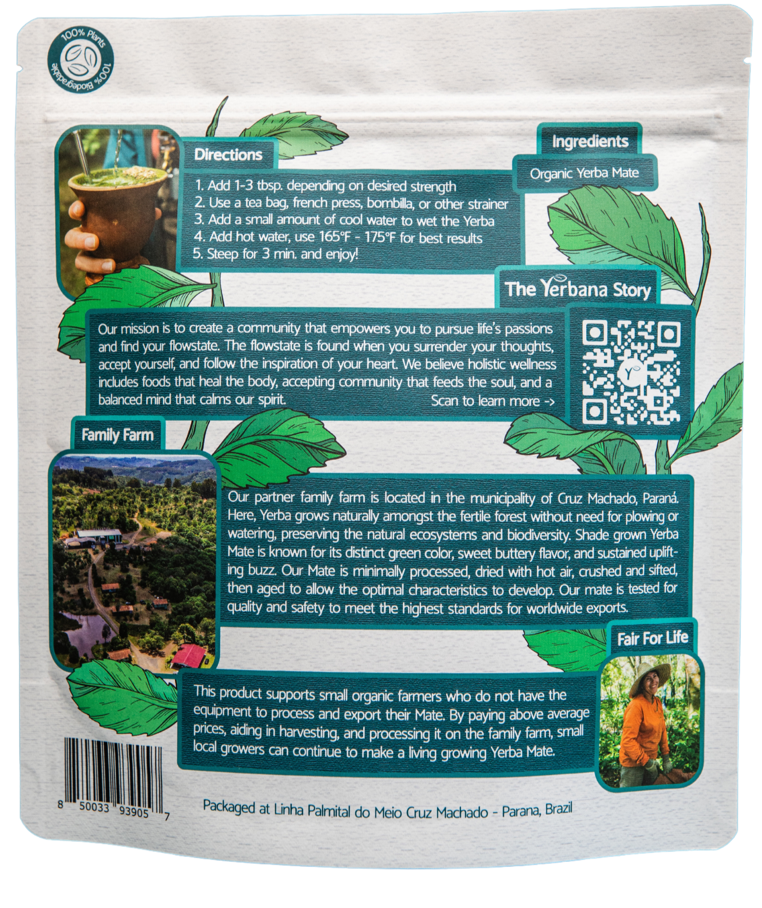 Steeping directions, ingredients, Yerbana story, family farm, fair for life, organic yerba mate loose leaf 